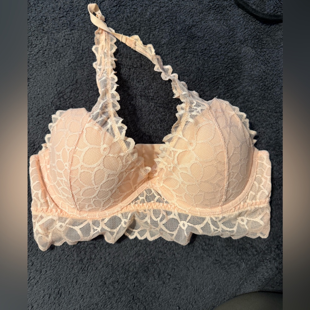Victoria Secret PINK Lace Padded Underwire Halter Bralette Peach Pink